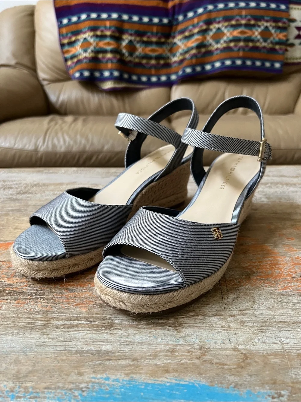Tommy Hilfiger Denim Blue Espadrille Wedge Sandals with Ankle Strap